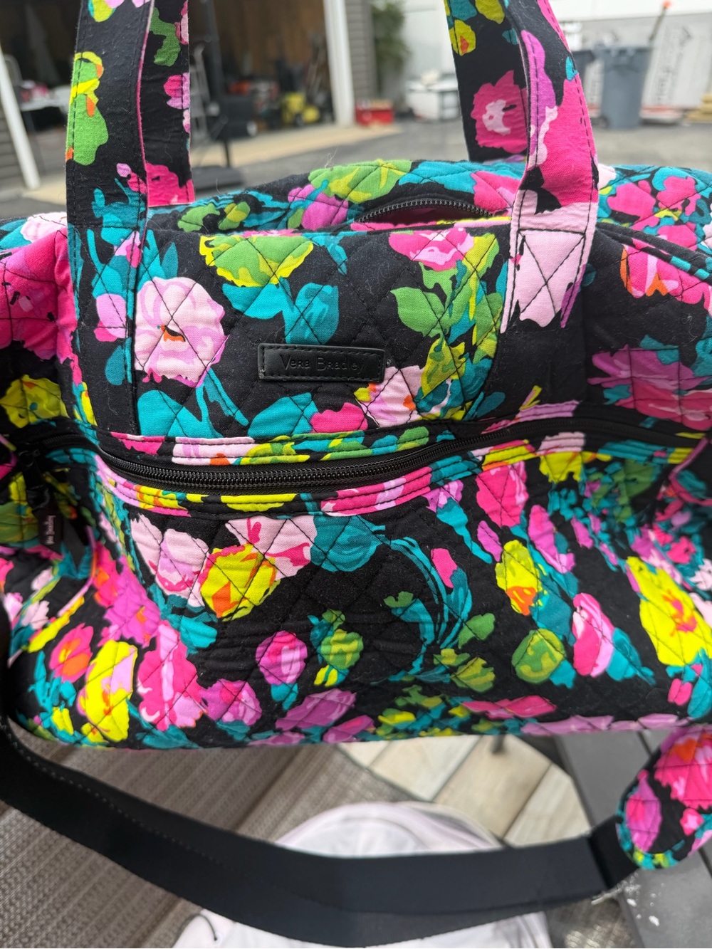 Vera Bradley Quilted Floral Tote in Black with Pink, Teal & Yellow